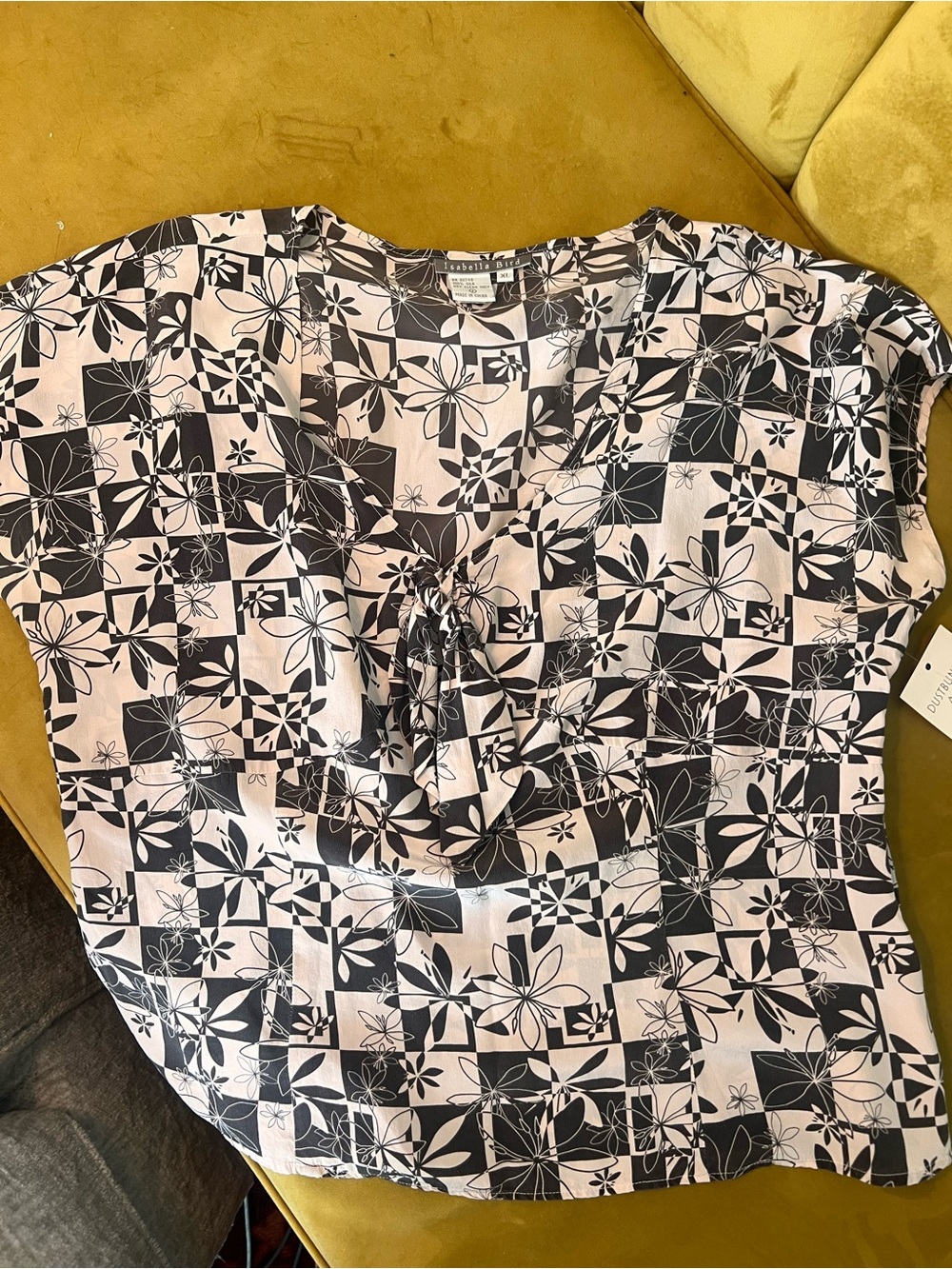 Tie-Front Floral Check Blouse in Light Pink and Black